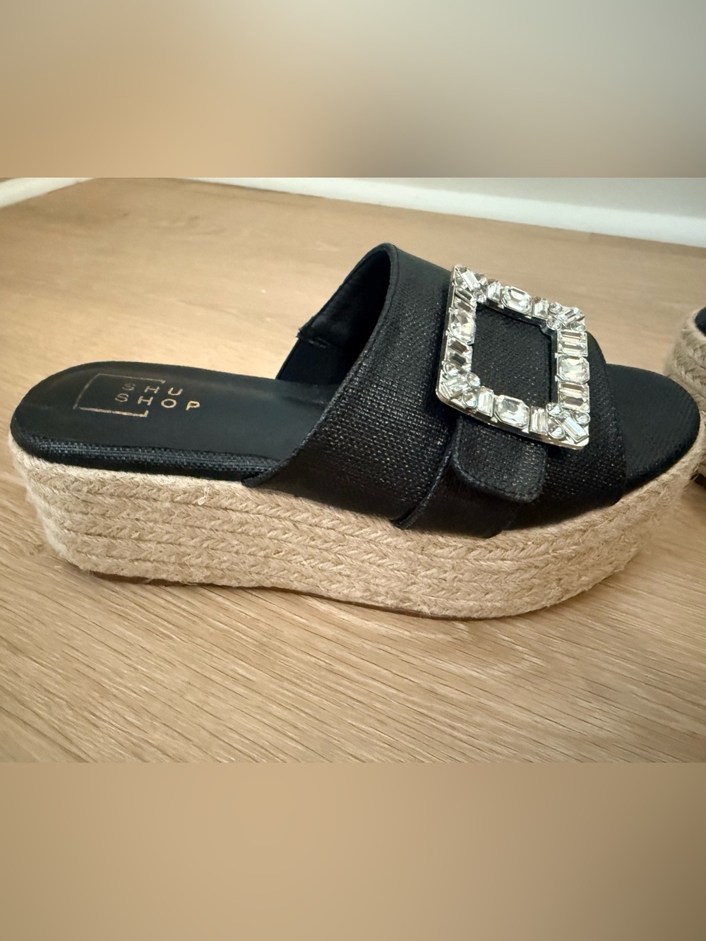 ShuShop Black Jeweled Buckle Wedge Slides